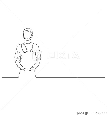 Continuous one line doctor man with phonendoscope hold hands in pockets. Vector illustration. Continuous one line doctor man with phonendoscope hold hands in pockets. Vector illustration. 60425377