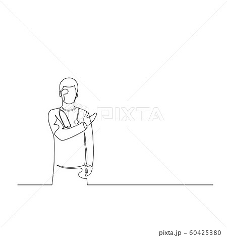 Continuous one line doctor man with phonendoscope point to empty space, copyspace. Vector illustration. 60425380