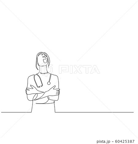 Continuous one line woman doctor with phonendoscope stand with arms crossed. Vector illustration. 60425387