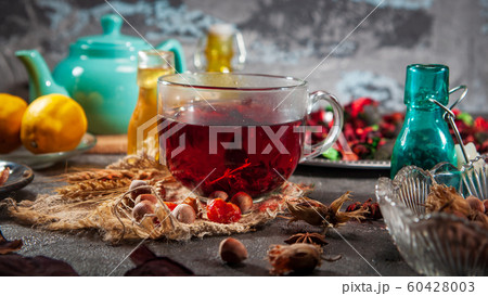 Red Hot Hibiscus tea in a glass mug Red Hot Hibiscus tea in a glass mug 60428003