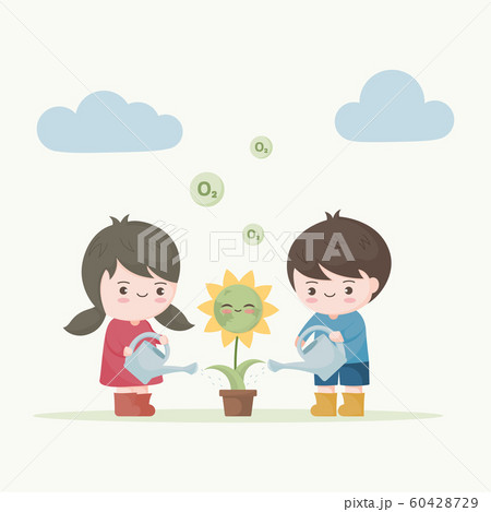 Kids watering the flower earth. Save the earth ecology concept. 60428729