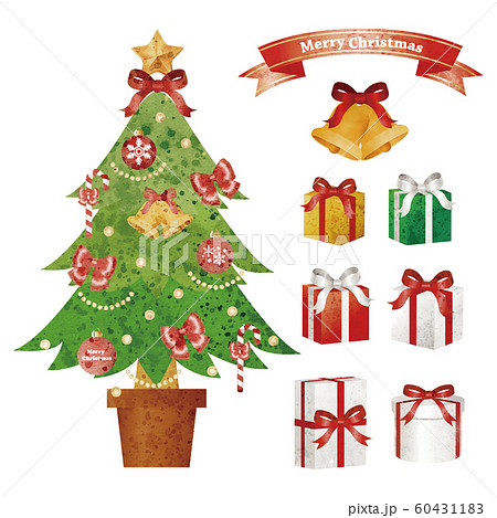 クリスマス　クリスマスツリー　プレゼント　セット　アナログ　水彩タッチ 60431183