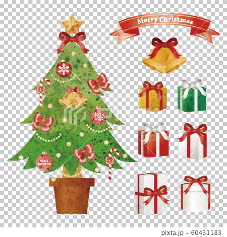 クリスマス　クリスマスツリー　プレゼント　セット　アナログ　水彩タッチ 60431183