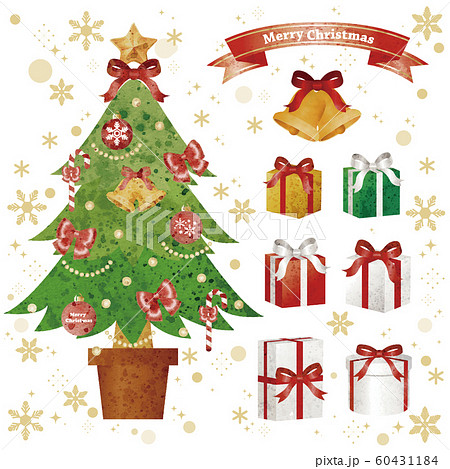 クリスマス クリスマスツリー プレゼント セット アナログ 水彩タッチ クリスマス クリスマスツリー プレゼント セット アナログ 水彩タッチ 60431184