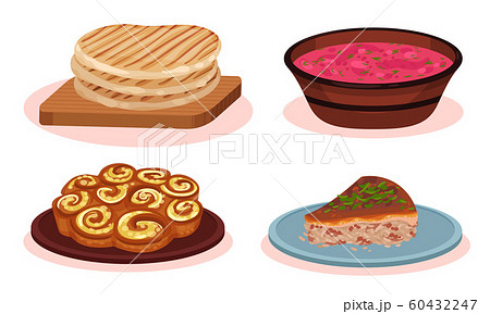 Bulgarian Cuisine National Food Dishes Collection, Grilled Wheat Cakes, Agneshko Stuffed Pie, Banitsa Twisted Pie, Red Beet Soup Vector Illustration 60432247