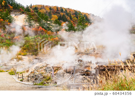Natural landscape of Fuke no Yu in autumn with white steam emerge from the ground Natural landscape of Fuke no Yu in autumn with white steam emerge from the ground 60434356