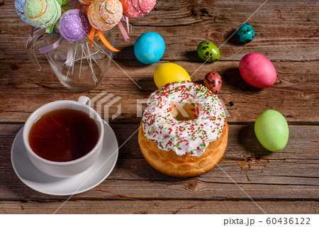 Easter cake and colorful eggs on a dark background 60436122