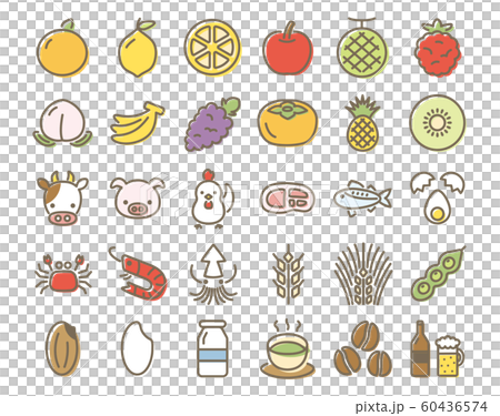 水果,肉,魚,穀物,奢侈品食品線描圖標集 水果,肉,魚,穀物,奢侈品食品線描圖標集 60436574