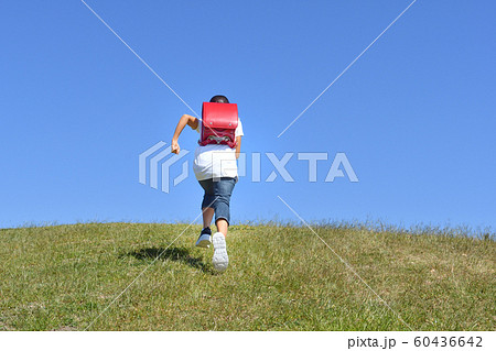 青空で走る小学生の女の子 後姿 の写真素材