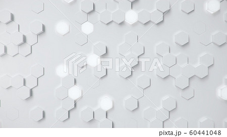 White geometric hexagonal abstract background. Surface polygon pattern with glowing hexagons, honeycomb. Abstract white self-luminous hexagons. Futuristic abstract background 3D Illustration 60441048