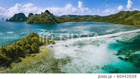 Aerial view of sandbar with turquoise sea shallow water on tropical Vigan Snake Island. Visiting by tourist trip tour in El Nido Marine Reserve Park, Philippines 60442039