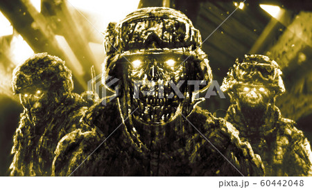 Zombies warriors in ruined house with rays of 60442048