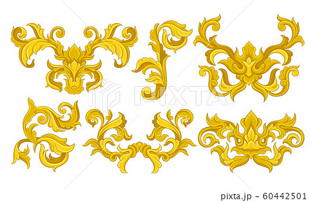 Golden Monograms with Floral Ornament Collection, Baroque Vignettes Design Element Vector Illustration 60442501