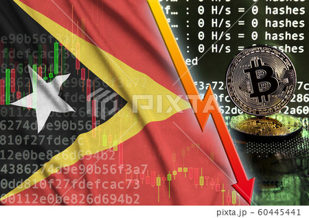 Timor Leste flag and falling red arrow on bitcoin 60445441