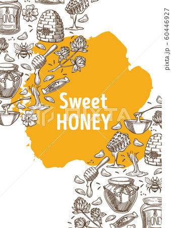 Sweet honey banner with hand drawn illustrations and yellow stain 60446927