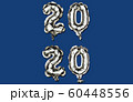 Classic Blue Happy New Year 2020. Vertical composition of number 2020 silver foil balloons on trendy 60448556