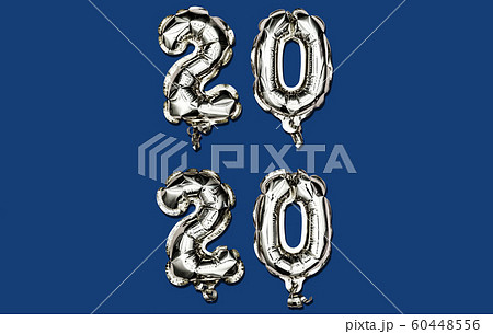 Classic Blue Happy New Year 2020. Vertical composition of number 2020 silver foil balloons on trendy 60448556