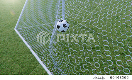 3D illustration Soccer ball flew into the goal. Soccer ball bends the net, against the background of grass. Soccer ball in goal net on grass background. A moment of delight 60448566