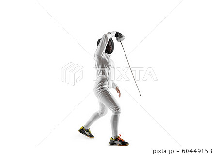 Teen girl in fencing costume with sword in hand isolated on white background 60449153