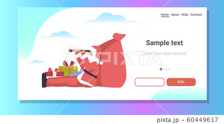 santa claus wits gift present boxes sack looking through binoculars merry christmas happy new year holidays celebration concept horizontal greeting card copy space 60449617