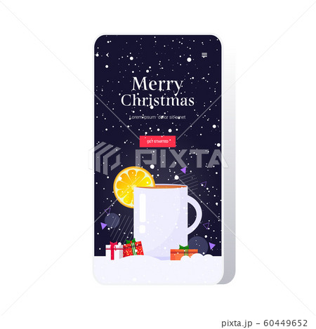 gift present boxes near christmas drink mulled wine with orange slice winter holidays celebration concept smartphone screen online mobile app greeting card sketch 60449652