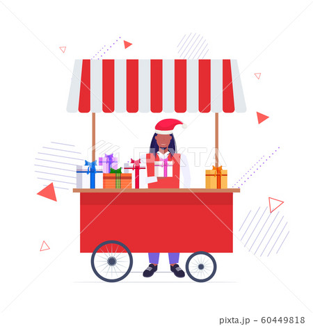 african american man in santa hat selling present boxes christmas market fair concept stall with wrapped gifts happy hew year merry xmas winter holidays full length sketch 60449818