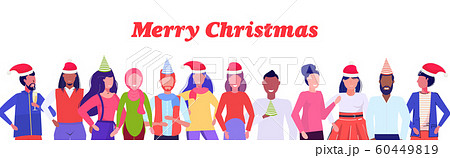 mix race people in santa claus hats standing together glasses merry christmas happy new year winter holidays corporate 60449819