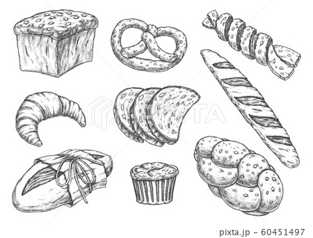 Set Of Isolated Bread Food Sketches Bakeryのイラスト素材