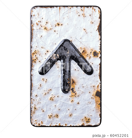 Symbol up arrow made of forged metal on the background fragment of a metal surface with cracked rust. Symbol up arrow made of forged metal on the background fragment of a metal surface with cracked rust. 60452201