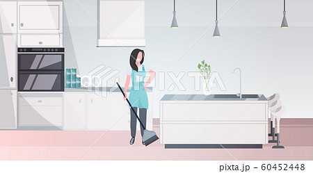 woman using broom female janitor in uniform sweeping floor doing housework cleaning service concept modern kitchen interior horizontal full length sketch 60452448