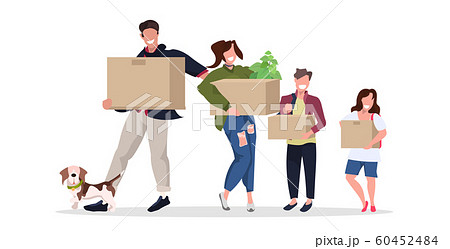family carrying cardboard boxes happy parents and children with dog moving to new home full length horizontal 60452484