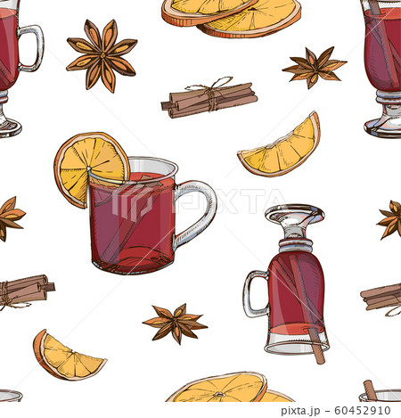 Hand drawn vector seamless pattern with popular winter alcoholic beverage. Mulled wine with spices and citrus fruit isolated on white. Print for New Year design. Endless texture. Menu decoration Hand drawn vector seamless pattern with popular winter alcoholic beverage. Mulled wine with spices and citrus fruit isolated on white. Print for New Year design. Endless texture. Menu decoration 60452910