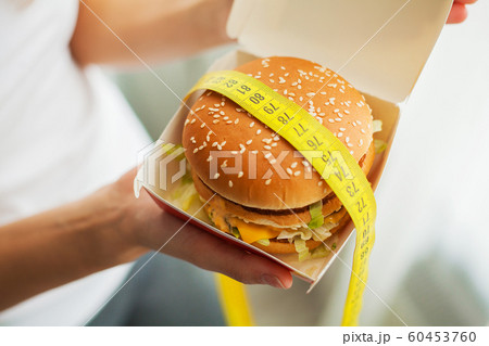 Diet And Fast Food Concept. Overweight Woman Standing On Weighin 60453760