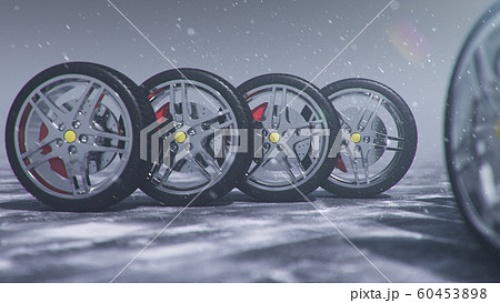 3d illustration Winter tires on a with falling snow background of snow storm, snowfall and slippery winter road. Winter tires concept. Concept tyres, winter tread. Wheel replacement. Road safety. 3d illustration Winter tires on a with falling snow background of snow storm, snowfall and slippery winter road. Winter tires concept. Concept tyres, winter tread. Wheel replacement. Road safety. 60453898