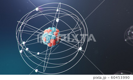 Abstract atom model. Atom is the smallest level of matter that forms chemical elements. Glowing energy balls. Nuclear reaction. Concept nanotechnology. Neutrons and protons - nucleus. 3D Illustration 60453990