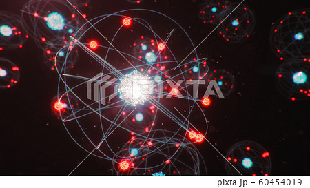 3D Illustration Atomic structure. Atom is the smallest level of matter that forms chemical elements. Glowing energy balls. Nuclear reaction. Concept nanotechnology. Neutrons and protons - nucleus. 60454019