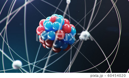 Abstract atom model. Atom is the smallest level of matter that forms chemical elements. Glowing energy balls. Nuclear reaction. Concept nanotechnology. Neutrons and protons - nucleus. 3D Illustration 60454020