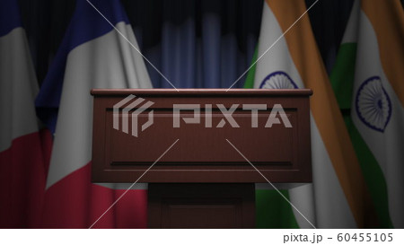 Row of flags of India and France and and speaker tribune, conceptual 3D rendering Row of flags of India and France and and speaker tribune, conceptual 3D rendering 60455105