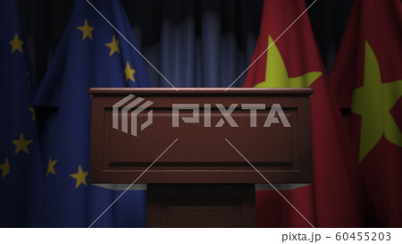 Flags of Vietnam and the European Union at international meeting, 3D rendering 60455203