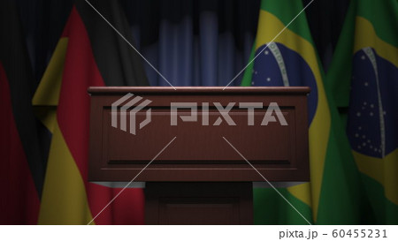 Many flags of Brazil and Germany behind speaker tribune, 3D rendering 60455231