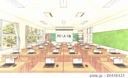 小学校　教室　パソコン 人なし　文字有り PC1人1台　イラスト31 60456325