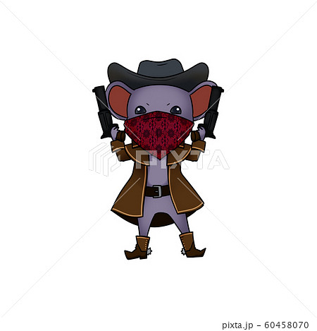 ２丁拳銃で器用なガンマン 紫色でマスクのねずみさん カウボーイハット のイラスト素材 60458070 Pixta