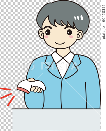 男性 スタッフ レジ打ち 笑顔 受付 会計 スキャン リーダー 小売 店舗 さわやか のイラスト素材
