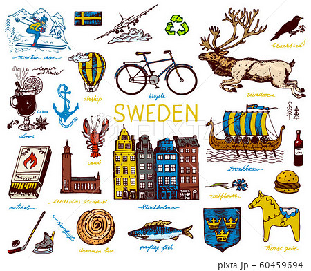 Symbols Of Sweden In Vintage Style Retro のイラスト素材 Symbols Of Sweden In Vintage Style Retro のイラスト素材
