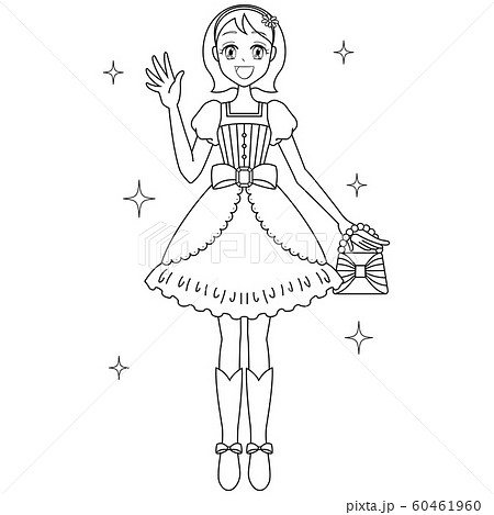 ドレスを着たかわいい女の子のイラスト モノクロ 塗り絵用 のイラスト素材