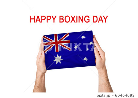 Happy boxing day. Box with Australia flag in male 60464695