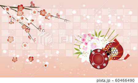 梅の花と鼓と雪や冬の花のイラストピンク背景素材のイラスト素材