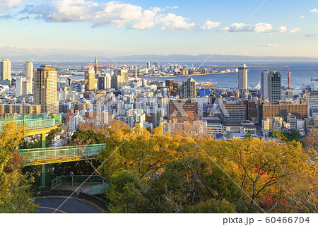 夕日を浴びた神戸の街、神戸市中央区諏訪山公園にての写真素材