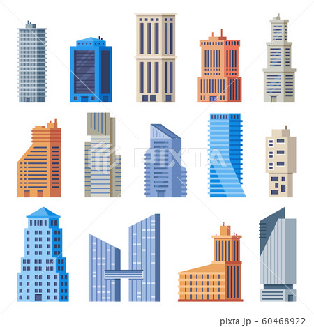 City office buildings. Glass building, modern urban offices exterior and town tall houses isolated vector set 60468922