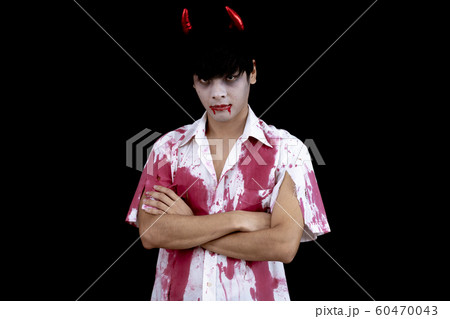 Asian man costume in hell, evil on black 60470043
